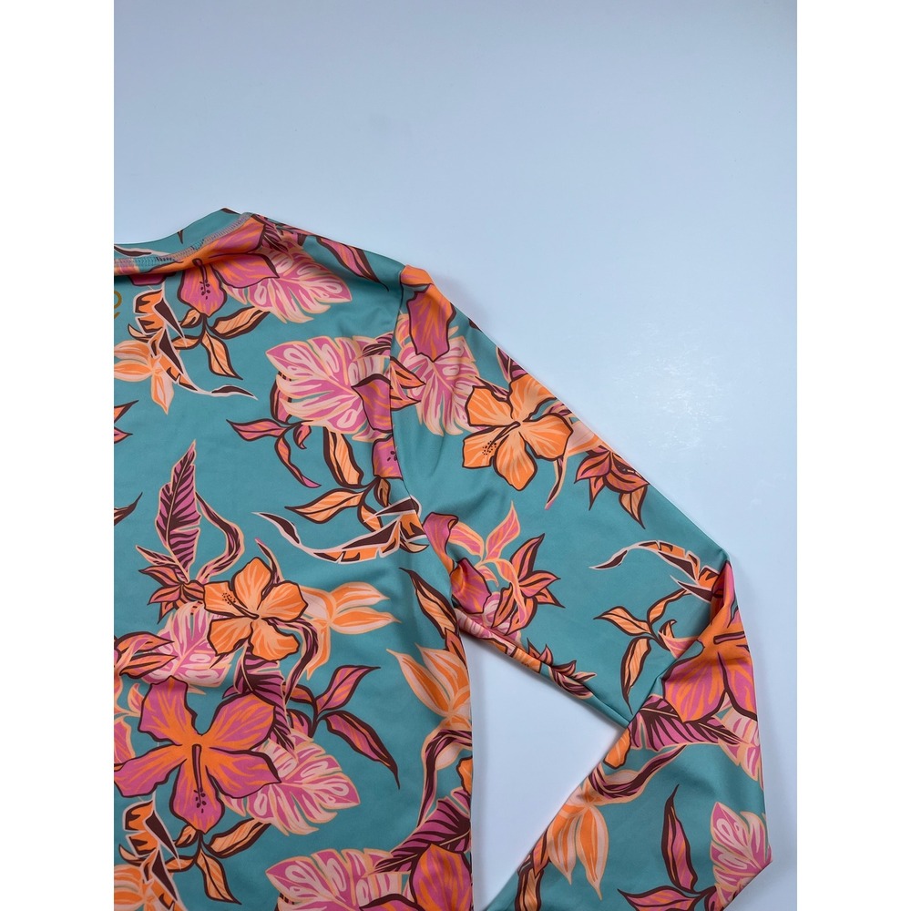 Roxy Womens Long Sleeve Rash Guard Teal Orange Pink Hibiscus Floral Swim Top M - Picture 9 of 12